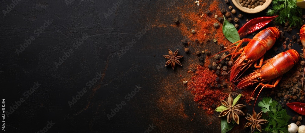 Poster spiced lobster on dark surface overhead perspective space for use