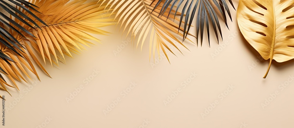 Poster exotic summer layout with colorful and golden tropical leaves and palms on beige background minimal 