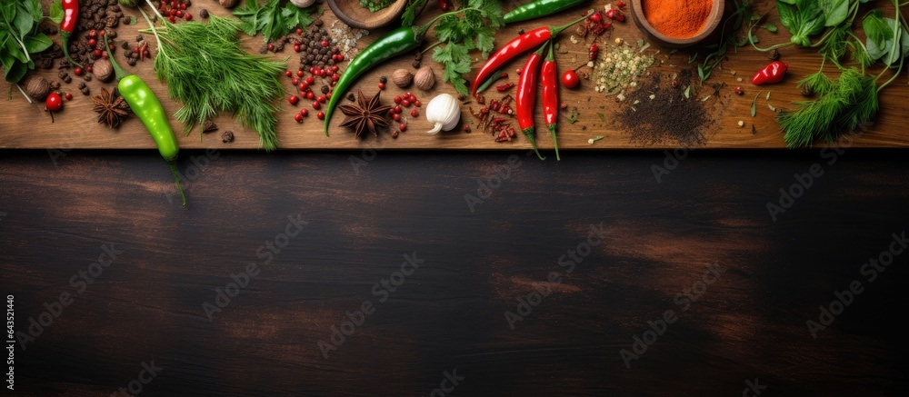 Poster top view background with wooden cutting board assorted herbs spices and vegetables space for text