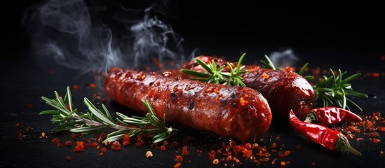 Smoky sausages with herbs and spices on a dark background ideal for appetizing dishes Copy space available
