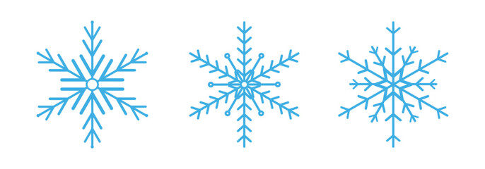 Fototapeta premium Set of blue snowflake icons. Christmas and new year design elements. Collection of frozen symbols isolated. Snowflakes winter ice crystal for holiday decoration. Vector illustration