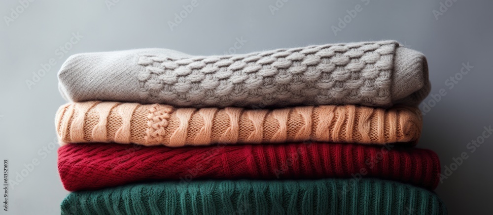 Poster text space over grey background with closeup of stacked folded warm sweaters