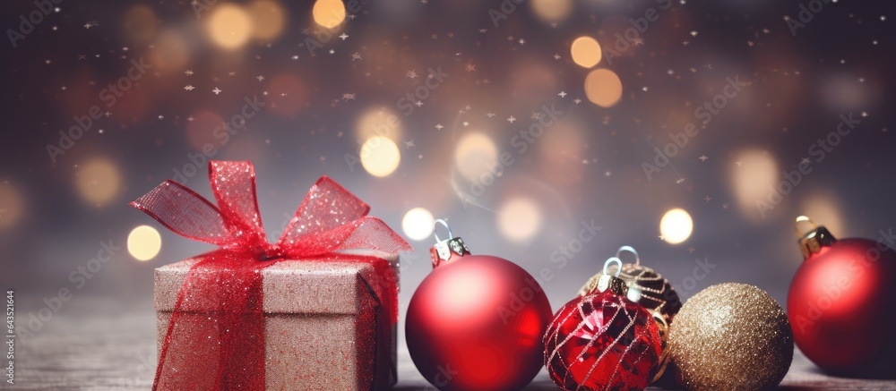 Poster close up of christmas background with red ribbons and shiny tree balls