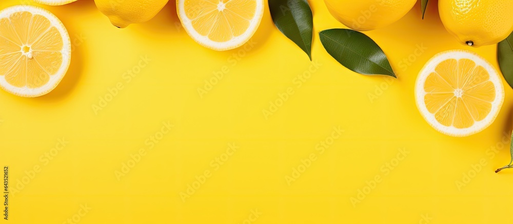 Leinwandbilder top view of a lemon on a yellow background with copy space