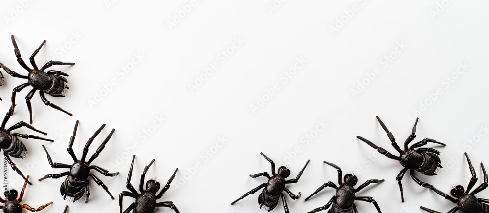 Poster white background with spiders as halloween decorations top view flat lay copy space