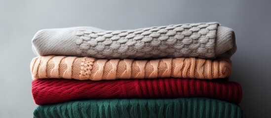 Text space over grey background with closeup of stacked folded warm sweaters
