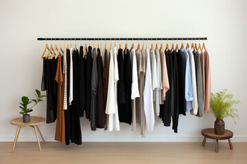 Minimalist Closet Few Hangers, Organized Clothing Arrangement. Сoncept Minimalist Closet, Few Hangers, Organized Clothing Arrangement