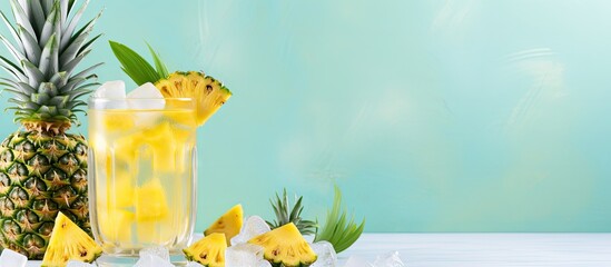 Yellow pineapple juice with ice cubes hawthorne strainer fresh tropical fruit Design space Summer drink cocktail punch