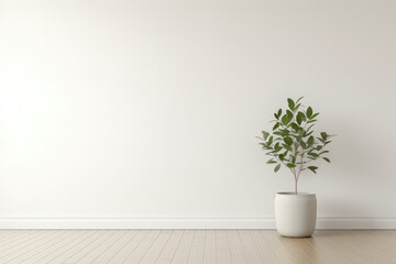Empty White Living Room, Single Potted Plant. Сoncept Minimalist Decorating Ideas, Implementing Peaceful Greenery Indoors, Working With An Empty Room, Creative Uses Of A Single Plant