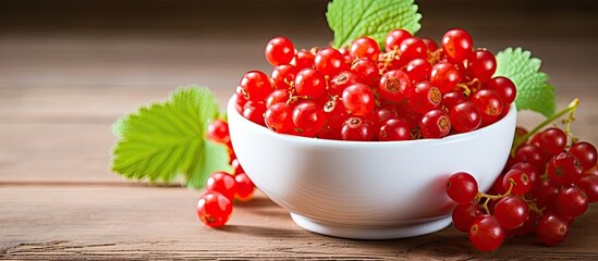 Red currant in a white bowl on a wooden background viewed from above and with empty space
