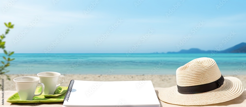 Poster a blank book on the beach with summer accessories copy space flat lay with space for copying