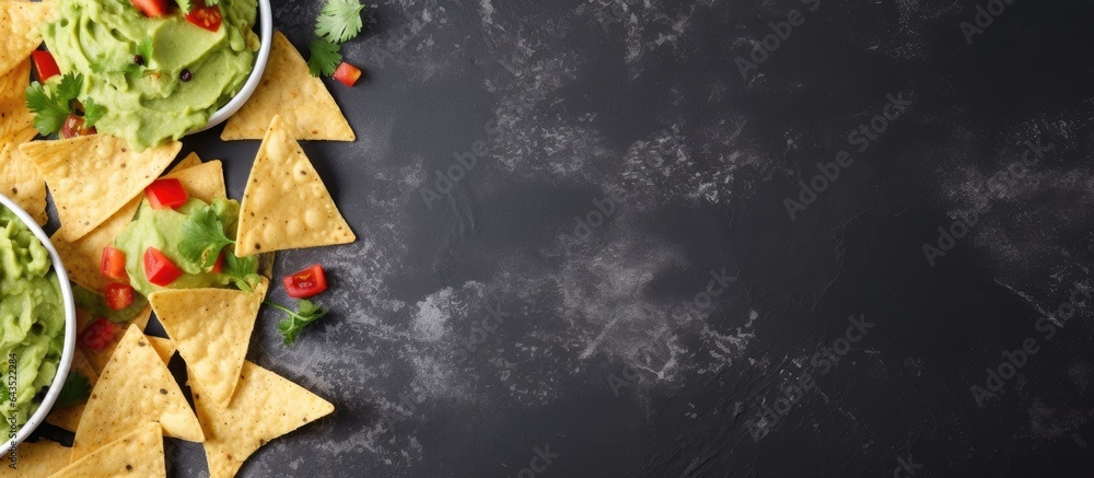 Poster Top view of Mexican nachos and guacamole on a gray concrete surface with empty space for text