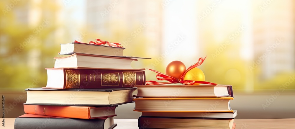 Poster celebration of book lovers with stack of books and text copy space