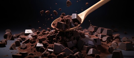 Shattered dark chocolate chunks and chocolate chip on spoon black backdrop Empty area