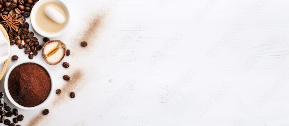 Poster top view of white background with coffee scented spa salt oil loofah and soap representing the conce