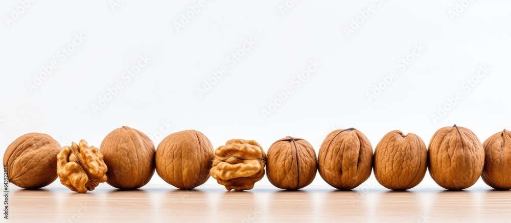 Poster blurred walnuts on white background sharp focus empty space