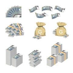 Haitian Gourde Vector Illustration. Huge packs of Haitian money set bundle banknotes. Bundle with cash bills. Deposit, wealth, accumulation and inheritance. Falling money 100 HTG