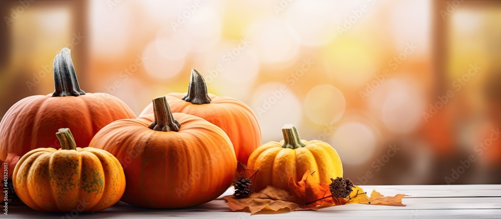 Poster beautiful pumpkins on the table in a fall setting