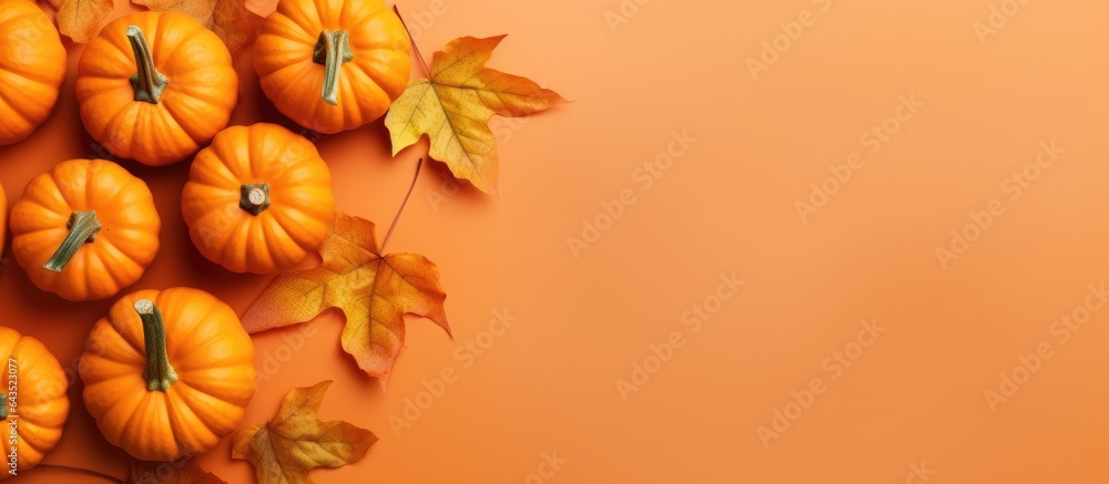 Poster top view of orange pumpkins on a colored table background emblematic of autumn halloween and thanksg