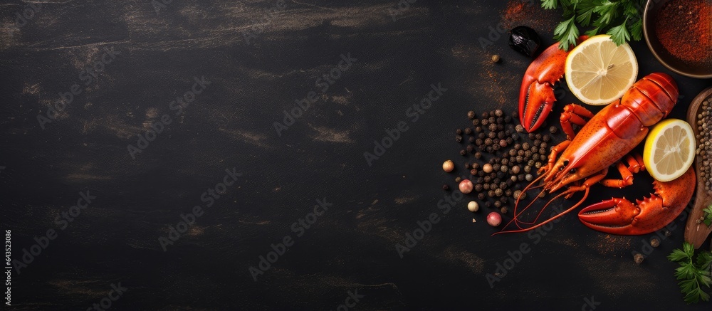 Poster spiced lobster on dark surface overhead perspective space for use