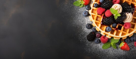 Belgium American waffles a tasty sweet dish snack on menu Background view top angle Text space - obrazy, fototapety, plakaty