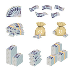 Haitian Gourde Vector Illustration. Huge packs of Haitian money set bundle banknotes. Bundle with cash bills. Deposit, wealth, accumulation and inheritance. Falling money 1000 HTG