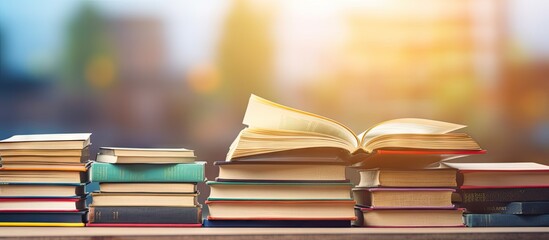 A pile of books with an open book on top showcasing a panorama of reading education and literature