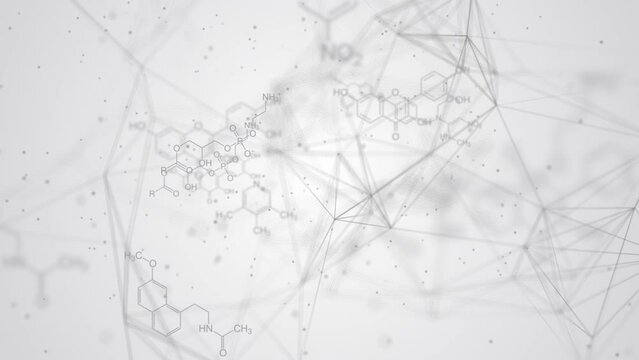 3d movement of chemical structural molecular formulas. Abstract blurred scientific educational looping white background.