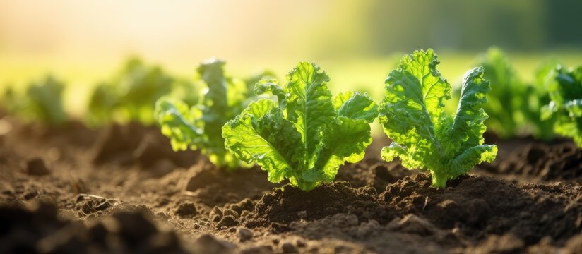 Picture of young kale plants in rich soil with empty area for text