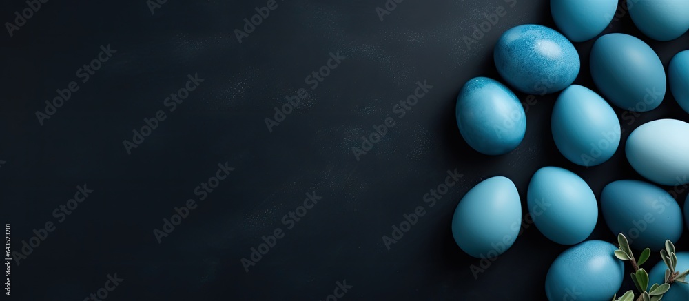 Poster Hand painted blue Easter eggs on a dark background minimalist composition Top view flat lay with space for text