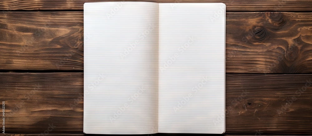 Poster blank notebook on wooden table top view with space