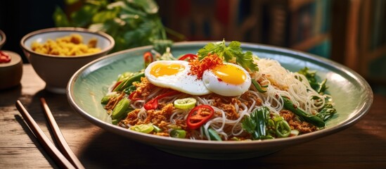Square plates are used to serve mi xao which are noodles with vegetables and eggs in Vietnamese cuisine