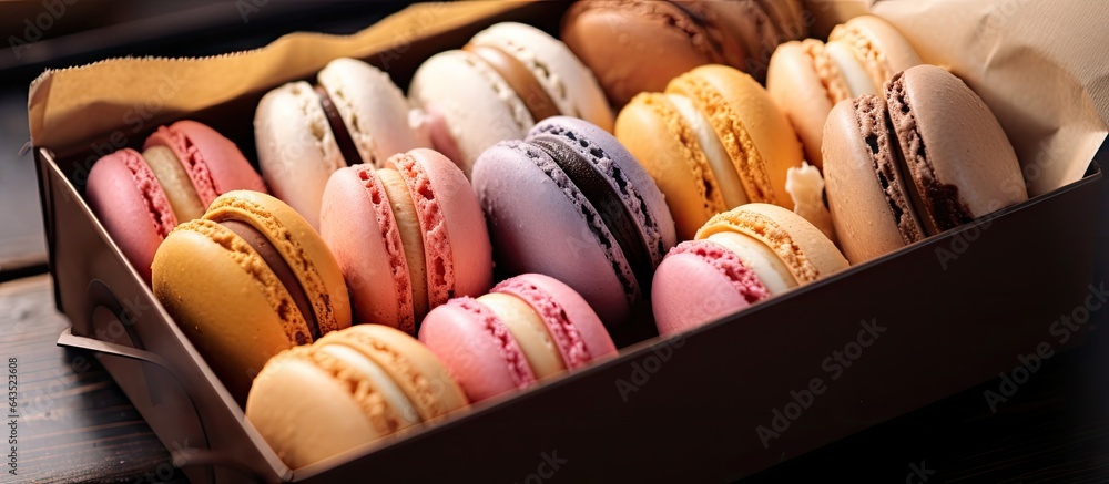 Aufkleber various macaroons in a small box on a brick background sunset lighting and copy space available clos
