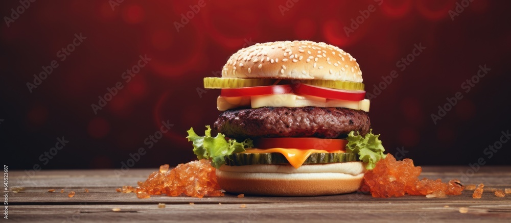 Poster composite image of hamburger advertisement with copy space unedited fast food convenient snack
