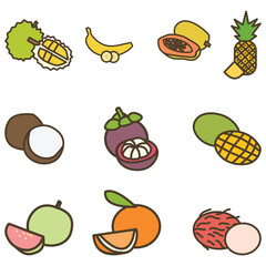 Tropical Fruits Cute Flat Line Illustration