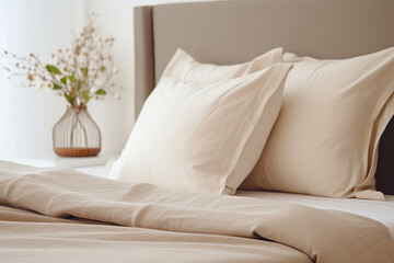 Modern Room With Pillow Bed With Beige Linen Linens Closeup . Сoncept Bedroom Design Trends, Pillow Bed Comfort, Beige Home Decorations, Closeup Textures