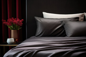 Modern Room With Pillow Bed With Black Silk Linens Closeup. Сoncept Modern Room Decor, Pillow Beds, Black Silk Linens, Closeup Room Shots