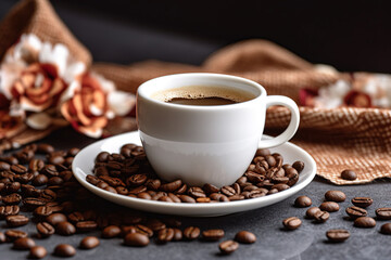 Fototapeta premium Coffee cup and coffee beans on a black stone background.