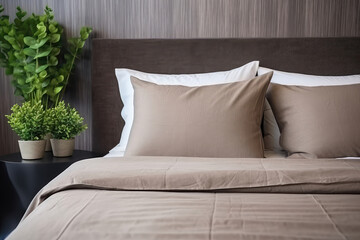 Modern Room With Pillow Bed With Brown Linen Linens Closeup . Сoncept Modern Pillow Bed, Brown Linen Linens, Interior Design Inspiration, Small Space Solutions