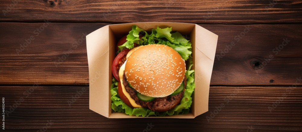 Poster Top down view of a rustic wooden table with a paper box containing a fresh hamburger