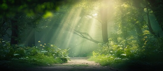 Forest background with sun rays soft magical feeling summer or spring scenery