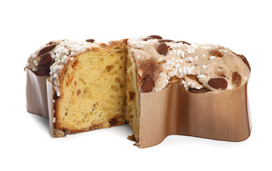 Delicious Italian Easter dove cake (traditional Colomba di Pasqua) on white background