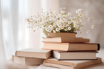 Books and bouquet of chamomiles on table in room