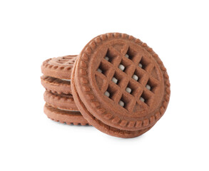 Tasty chocolate sandwich cookies with cream isolated on white