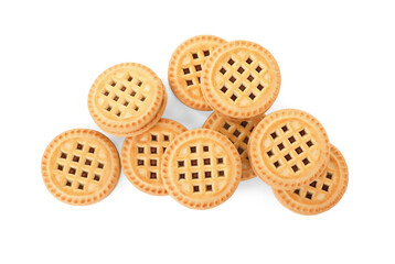 Tasty sandwich cookies with cream isolated on white, top view