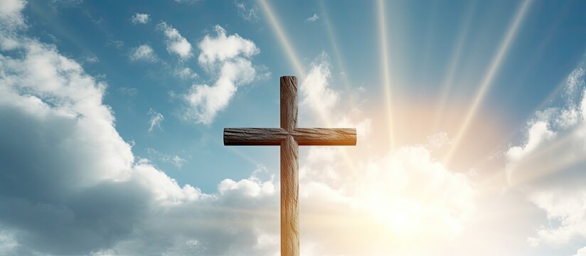 Wooden cross and bright sky on Ascension day digital generation holiday celebration Christianity religion spirituality tradition belief