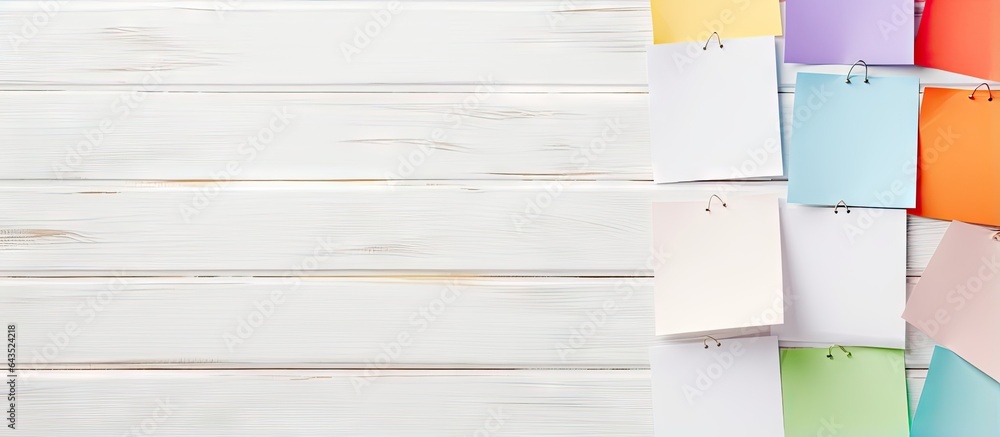 Poster flat lay of paper sheets in punched pockets on a white table room for text