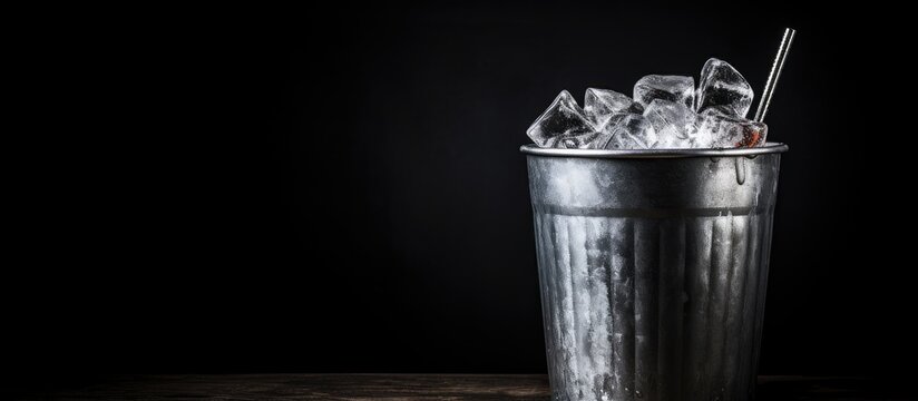 Vodka bottle in icy bucket on dark surface with room for text