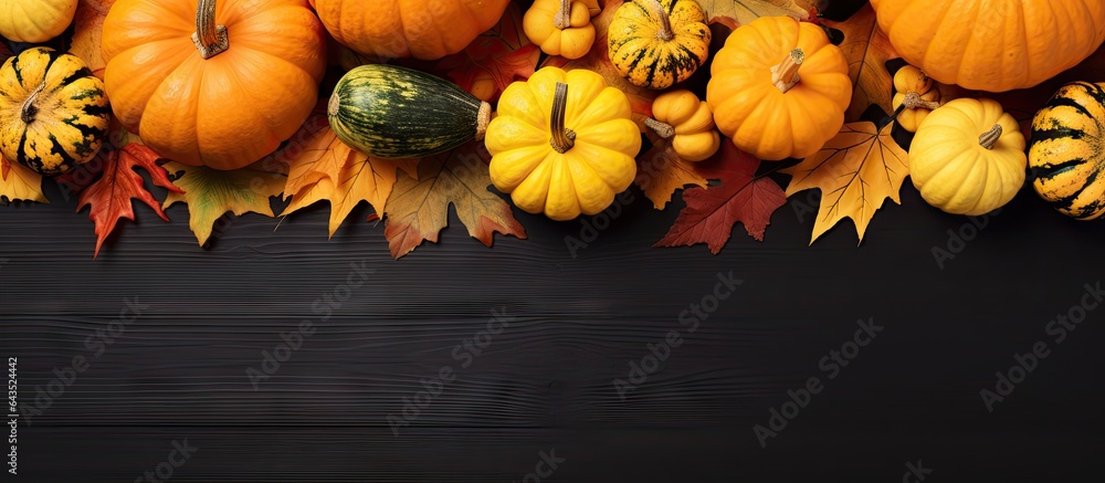 Aufkleber fall still life with pumpkins and assorted fruits arranged from above with room for text