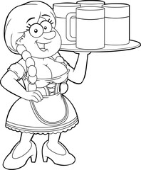 Outlined Woman Waitress Cartoon Character In Traditional Bavarian Clothes Holding Tray Beer Glasses. Vector Hand Drawn Illustration Isolated On Transparent Background